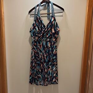 Halter V-Neck Abstract Print Maxi Dress in Navy & Teal